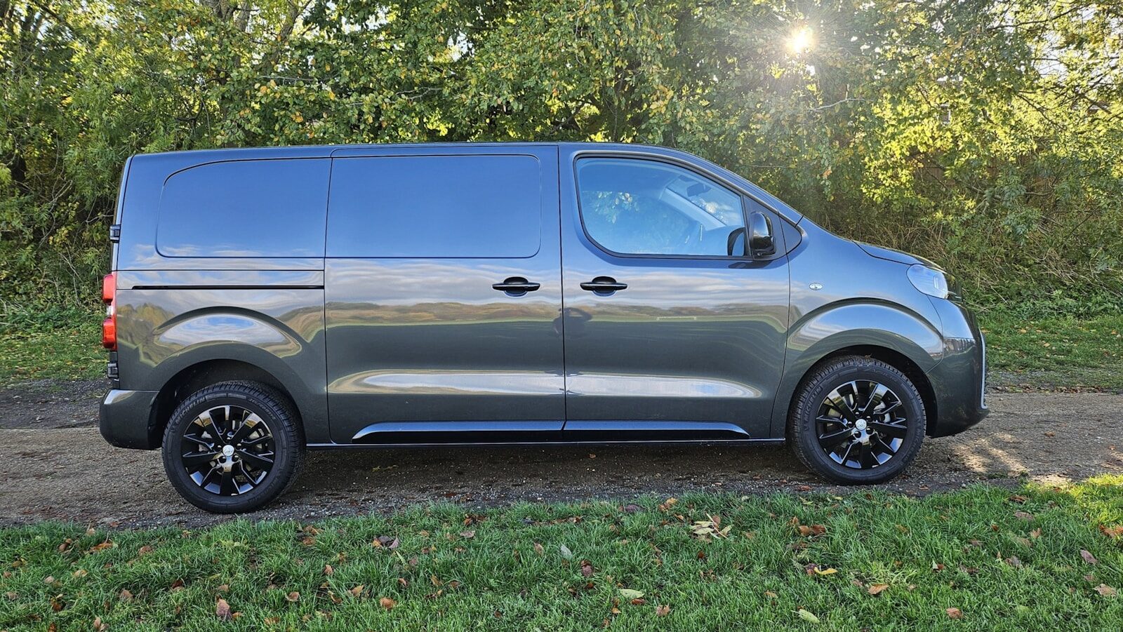 A dark gray cargo van parked on a grassy area.